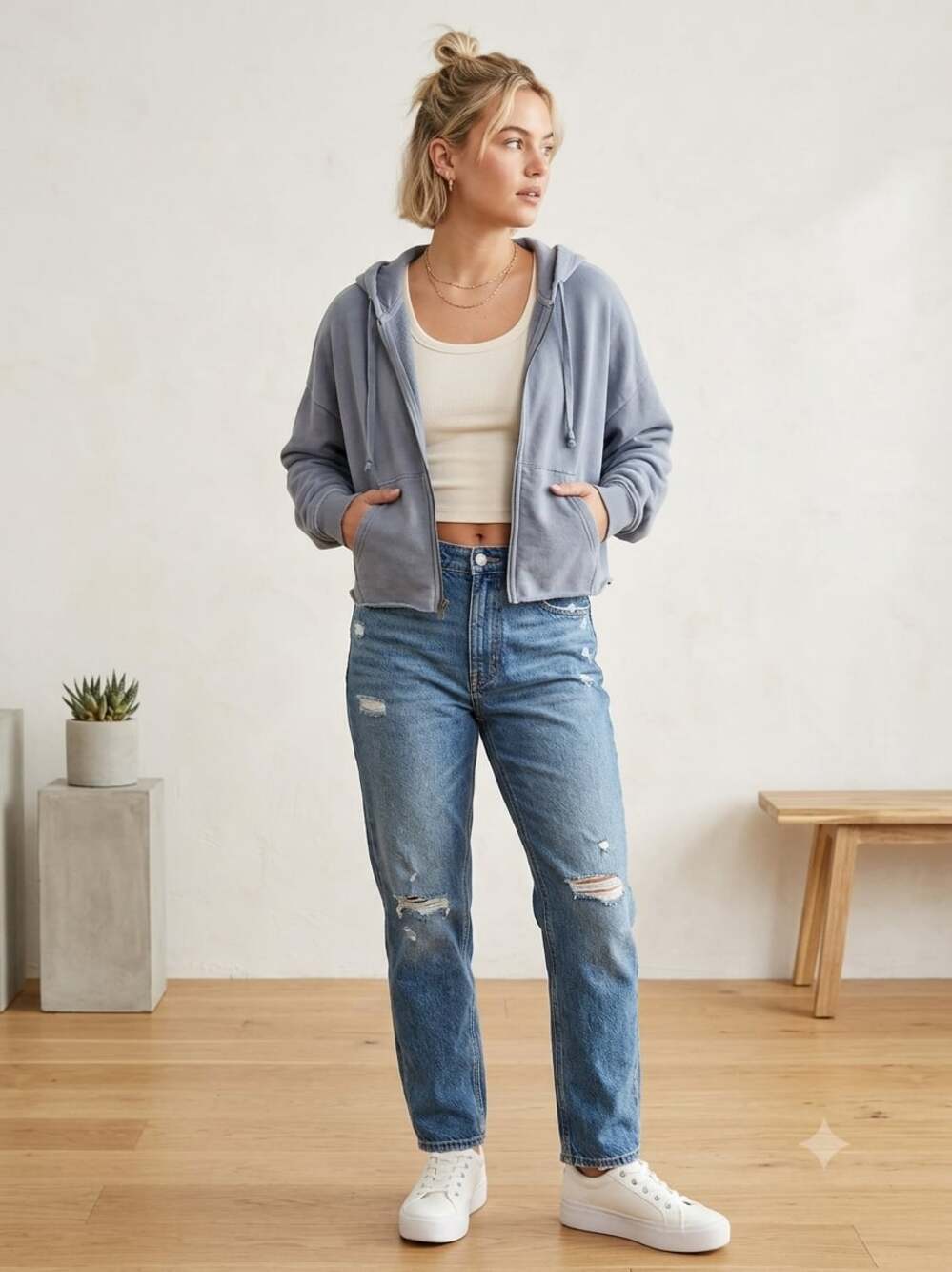American Eagle Size S Women's Full-Zip Cropped Hoodie in Dusty Blue